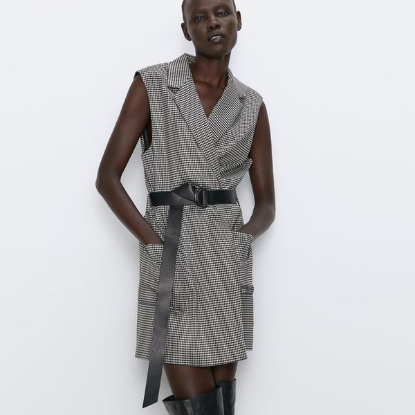 

agong casual houndstooth vests women fashion tie belt waist coats women elegant slim pockets long vests female ladies iaa, Black;white