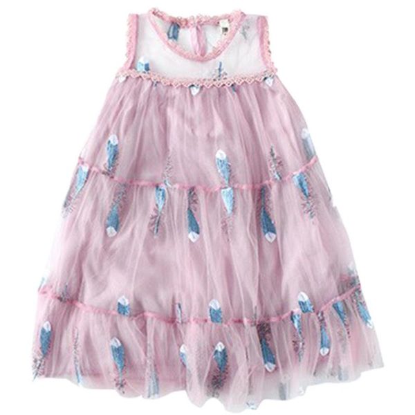 

girl's dresses dishykooker girls sleeveless dress feathers embroidery summer mesh costume, Red;yellow