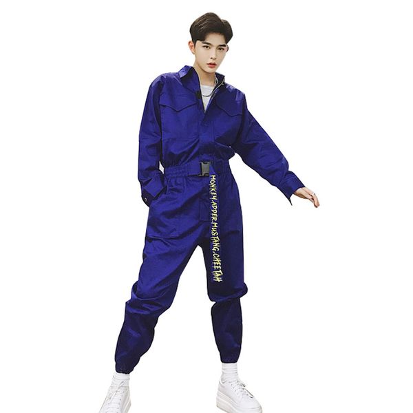 

men long sleeve a piece pants overalls streetwear fashion loose casual jumpsuit pant male tooling hip hop harem trousers, Black