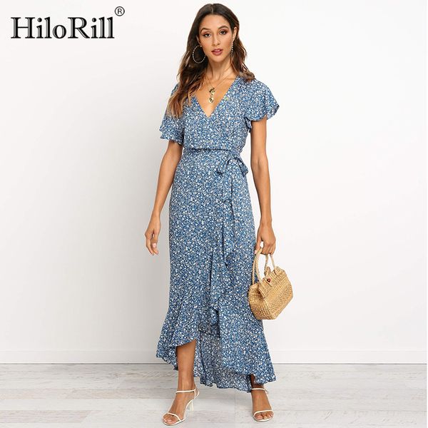 

summer long maxi платье женщин вскользь boho цветочные печати шифон пляж платье sexy v-образным вырезом ruffles bodycon wrap высокий щелевая, Black;pink