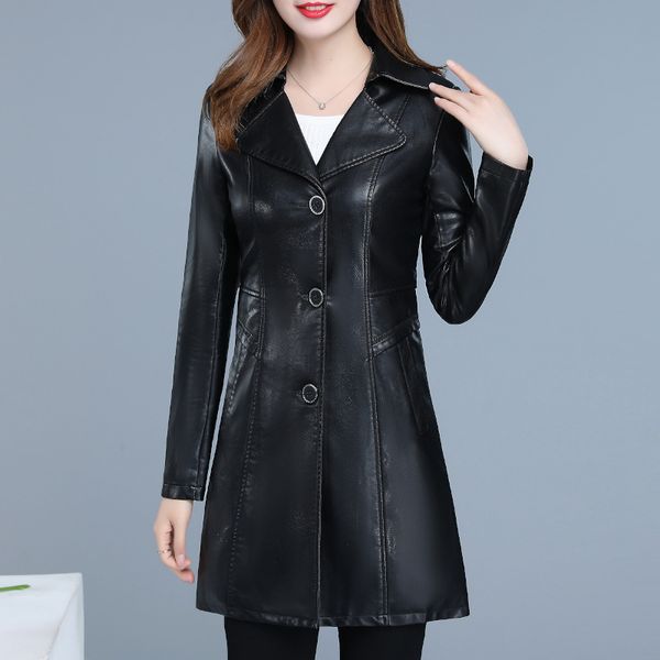 

l-6xlwomen's leather jacket 2019 winter new women coat female slim turn collar pu leather jacket high quality, Black