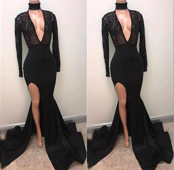 

prom dresses mermaid split black long-sleeve deep v-neck sparkly evening party dresses celebrity gowns
