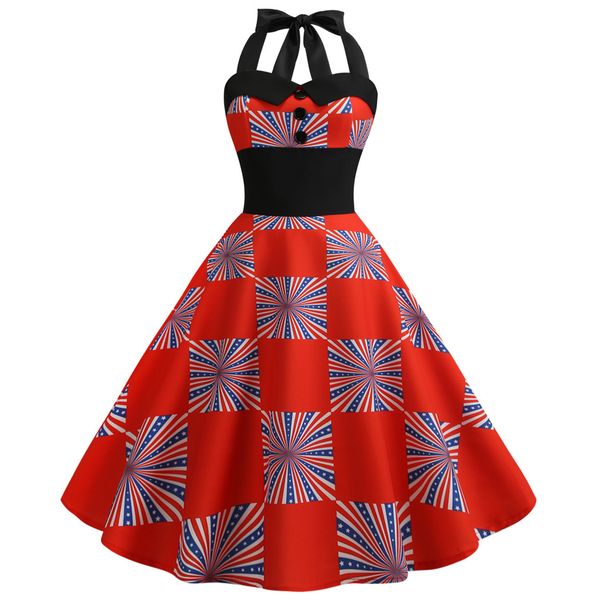 

women american flag print evening party prom swing button halter hepburn dress 123, Black;gray