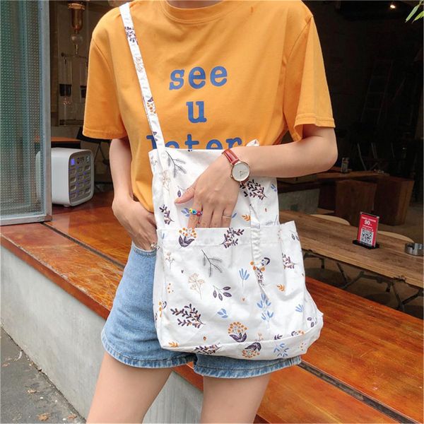 

cotton canvas eco shopping tote big shoulder bag outside bag print rural flower 95301