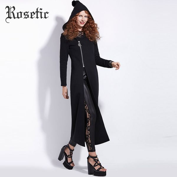 

rosetic gothic coat женщины черный зима с капюшоном флокирование тонкий пиджаки молния длинное пальто повседневная уличная мода гот женские, Black