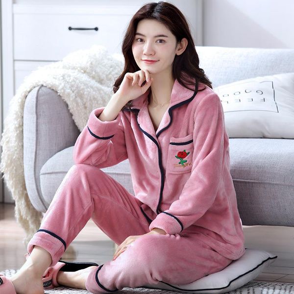

korean version of flannel pajamas female coral velvet thickening plus velvet autumn and winter suit large size home service xxl, Black;red