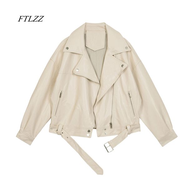 

ftlzz 2020 new spring women pu leather motorcycle jacket female with belt solid color jackets ladys loose casual jacket, Black