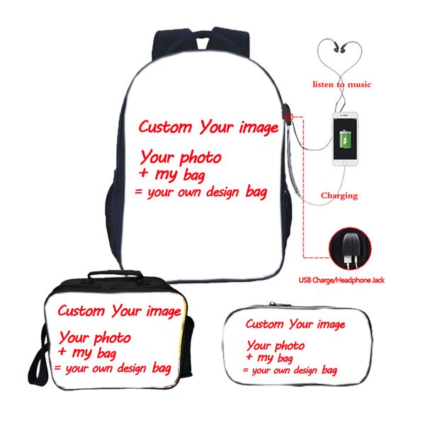 

custom your image customized pattern usb charge backpack teens schoolbag 3pcs/set backpack+lunch bag+pencil case drop shipping