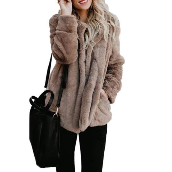 

women autumn winter thick warm velvet faux fur coat long sleeve jacket female plush overcoat casual outerwear 8l1258, Black