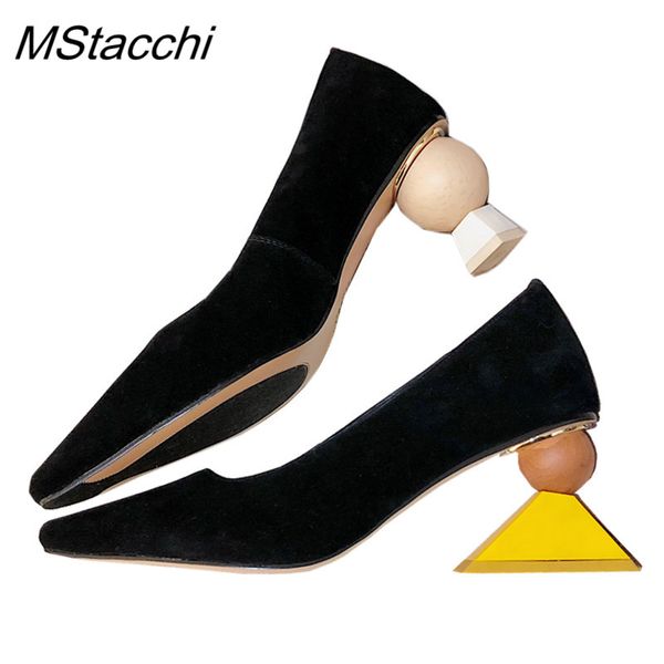 

mstacchi 2019 asymmetry geometry heel lady pump pointed toe shallow strange high heels mary jane shoes women suede leather, Black