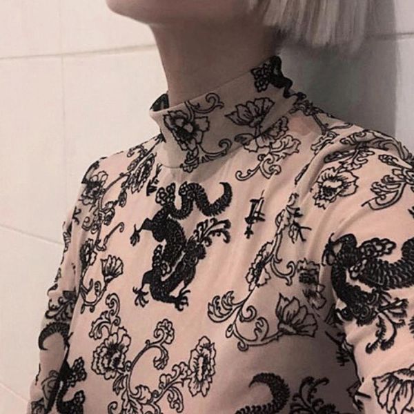 

rompers women female fashion slim women peony dragon print long sleeve perspective jumpsuits rompers, Black;white