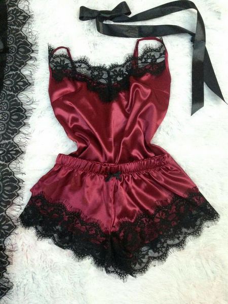 

new pijamas women summer nighty camisole bow shorts slingerie femme velvet pajamas satin sleepwear lingerie set, Red;black