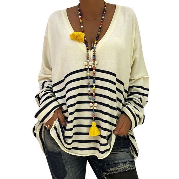 

women's sweaters heflashor 2021 autumn women stripe fashion v-neck long-sleeved loose knitted jumper femme pullovers, White;black