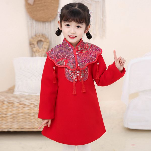 

winter girls chinese national style warm new year cheongsam dresses embroidery girl retro red dress traditional dynasty clothes, Blue;gray