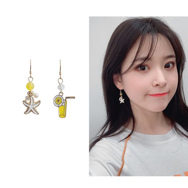 

корейские летние серьги-клипсы для пляжа без пирсинга для женщин эмаль желтая лимонная морская звезда клипса для сережек без проколотых ушей, Silver