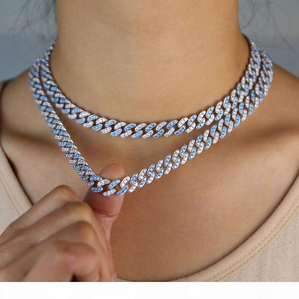

2020 blue white cz miami cuban link chain necklace for women charm iced out bling rock punk hip hop cuban chain jewelry38cm 41cm