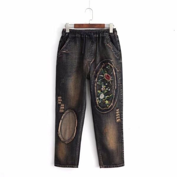 

lente vintage plus size vrouwen bloemen borduren jeans hoge taille dames straight blue denim broek jeans bodems