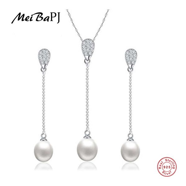 

meibapj real natural pearl jewelry sets fashion real s925 sterling silver long chain earrings & pendant, Black
