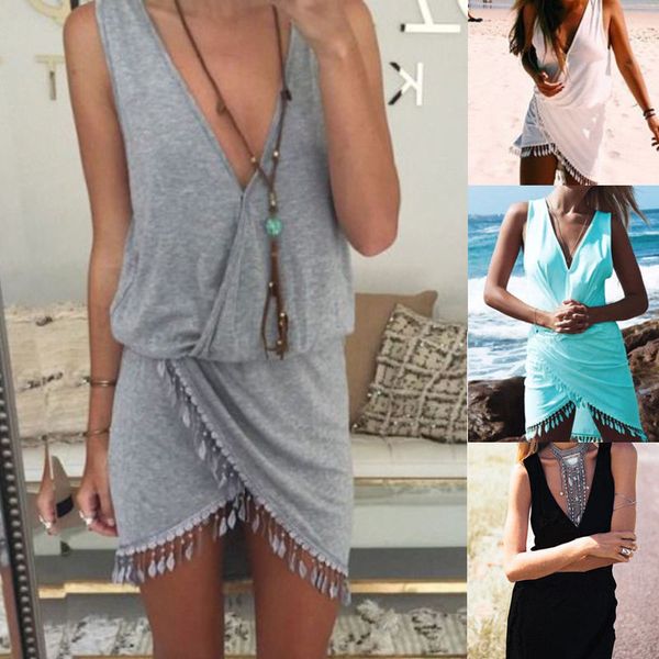 

womens tassel deep v-neck beach dress beachwear swimwear bikini wear cover up women summer dress, Blue;gray