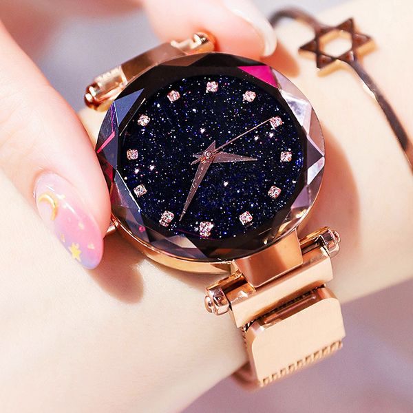 

luxurywomens fashion casual starry sky watch magnet buckle mesh belt diamond quartz wrist watch women dress clock relogio feminino, Slivery;brown