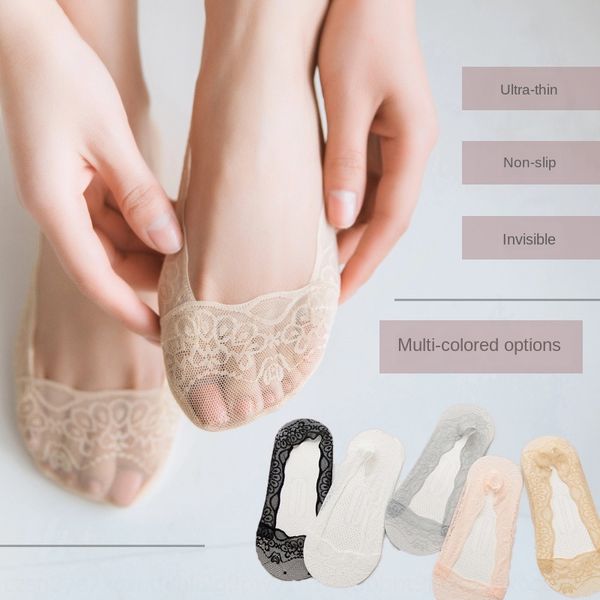 

2020 women's thin breathable silicone silicone boat socks anti-skid anti-stripping hipster lace shallow invisible boat socks women, Pink;yellow