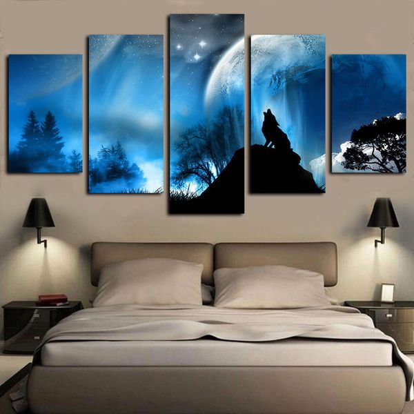 

5 panels canvas wall art moon night wolf howl poster print on canvas oil painting pictures for living room bedroom decor