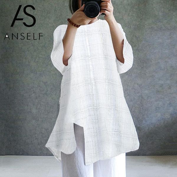 

vintage blouses shirts women plaid long summer 2019 irregular casual tunics female white asymmetrical plus size 5xl