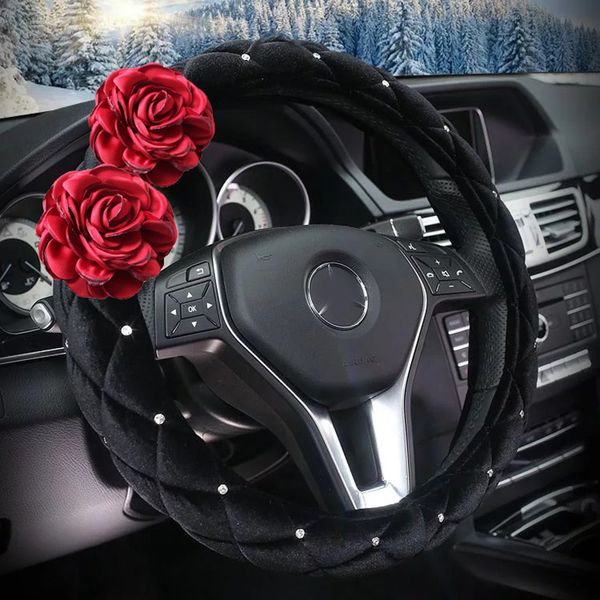 Red Rose Flower Diamond Plush Car Interior Steering Wheel Covers