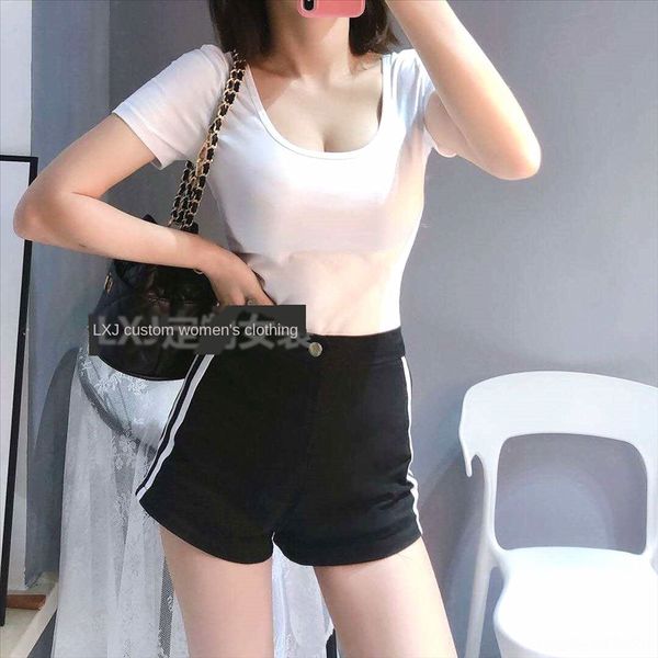 

summer solid color short-sleeved t- female front and back u-neck cotton ins tight slim base t-shirt shirt shirt, White