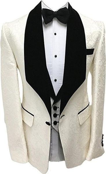 

luxury ivory groomsmen groom tuxedos shawl velvet lapel men suits wedding man blazer ( jacket+pants+bow tie+vest, White;black