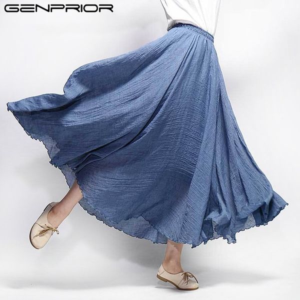 

genprior vintage cotton linen women skirts summer large plus size half-body tightness loose elastic waist a-line skirt female, Black