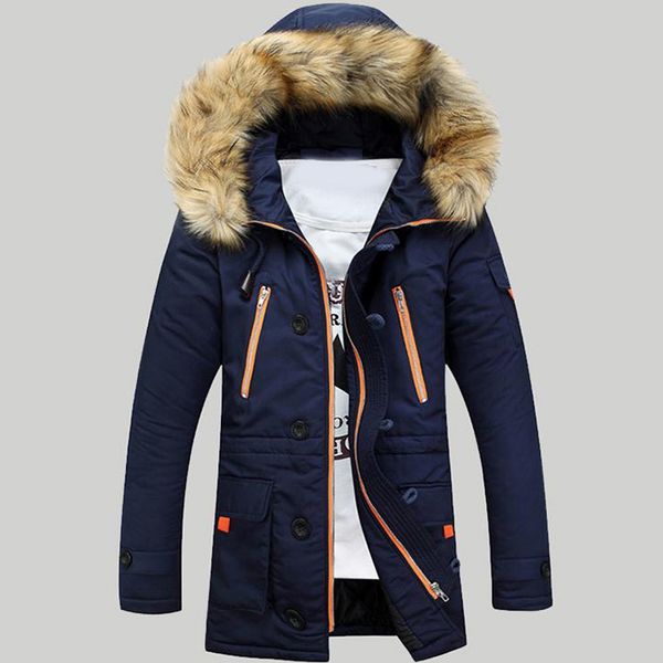 

mens long sleeve hooded fur collar coat slim thickening warm wadded jackets, Black