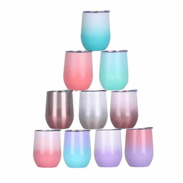 

12oz egg shape cups tumble gradient stainless steel mug red wine cocktail coffee mugs with lid eggshell cup colorful dhl an2624