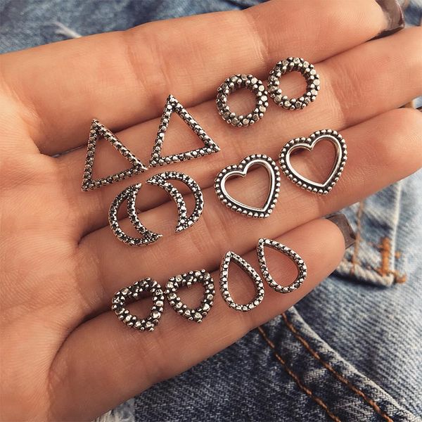 

5 Pairs/set Women Fashion Punk Hollow Heart Drops Moon Triangle Geometric Silver Earrings Set Party Wedding Gift Accessories