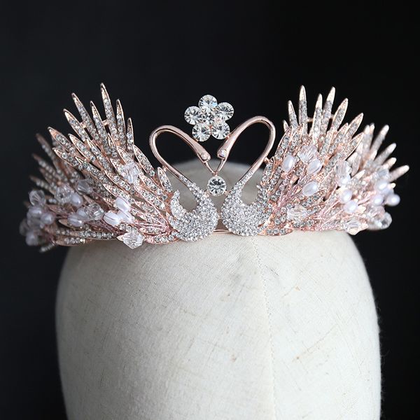

vintage swan crown crystal women hair jewelry baroque tiaras and crowns queen princess diadem for wedding pageant hair ornament, Golden;white