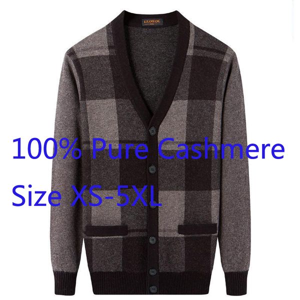 

new winter thickened 100%pure cashmere knitted cardigan loose sweater men jacket casual v-neck plaid plus size 5xl, White;black