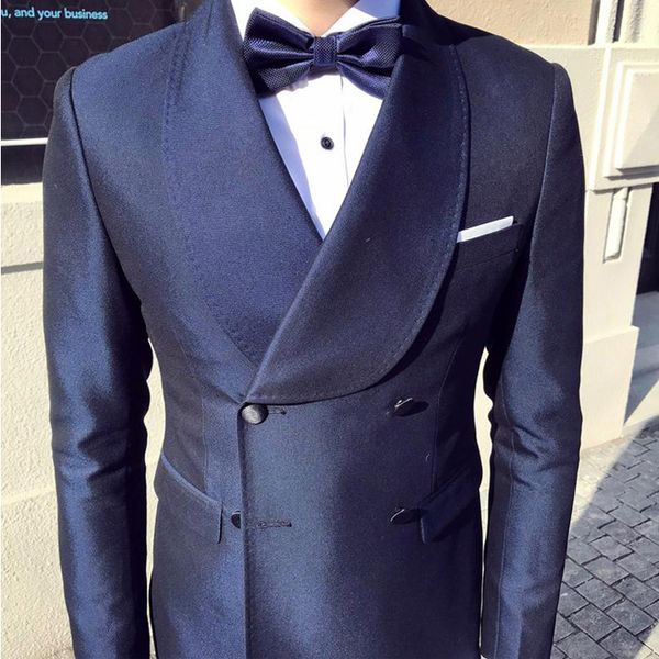 Nuovo smoking doppio petto di alta qualità da sposa scialle blu scuro bavero abiti da sposo abiti da cerimonia cena formale ballo di fine anno miglior blazer da uomo (giacca + pantaloni)