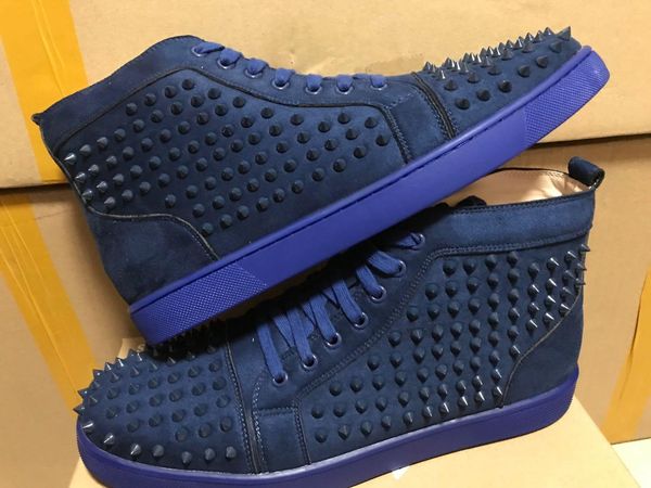 

navy suede leather red bottom designer shoes high cut spike cow sedue calf sneaker luxury party wedding shoes genuine leather casual shoes, Black