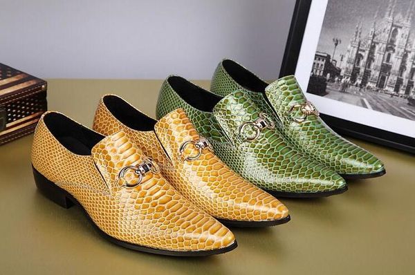 

business genuine leather formal men oxfords shoes wedding party serpentine shoes men dress yellow green, Black