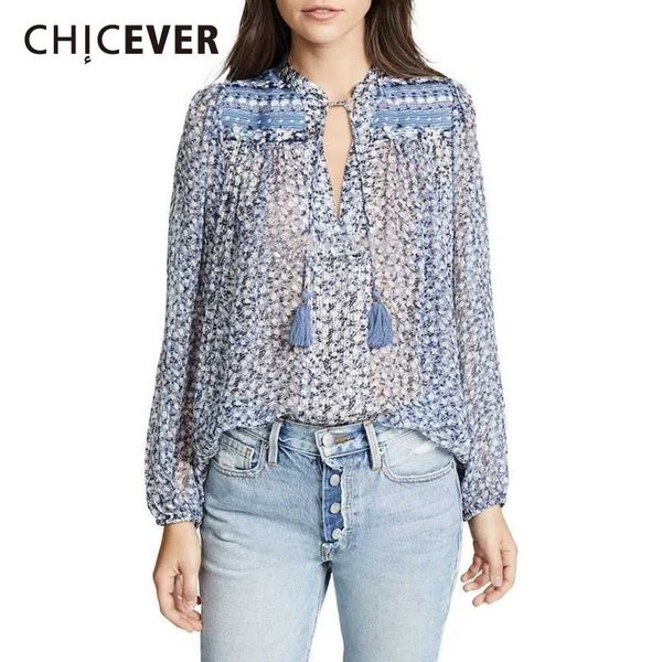 

chicever spring print chiffon blouse for women o neck long sleeve tassel bandages hollow out loose shirt female fashion 2019 new, White