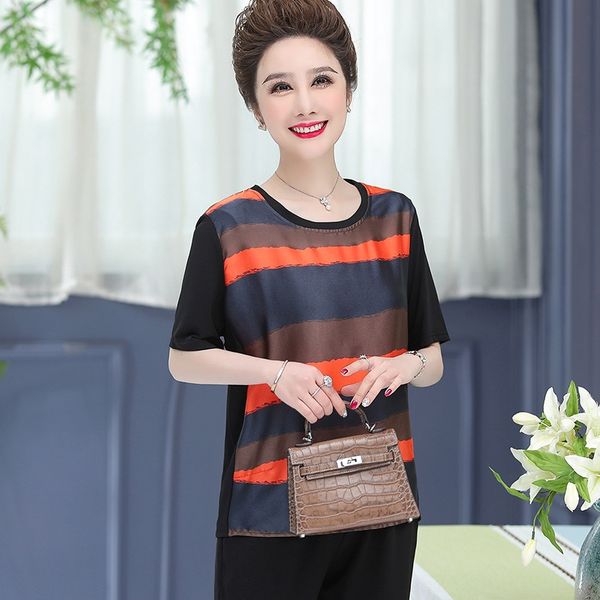 

mom's summer dress foreign style chiffon t- small t- shirt shirt middle-aged short-sleeved middle-aged and elderly summer casual thin, White