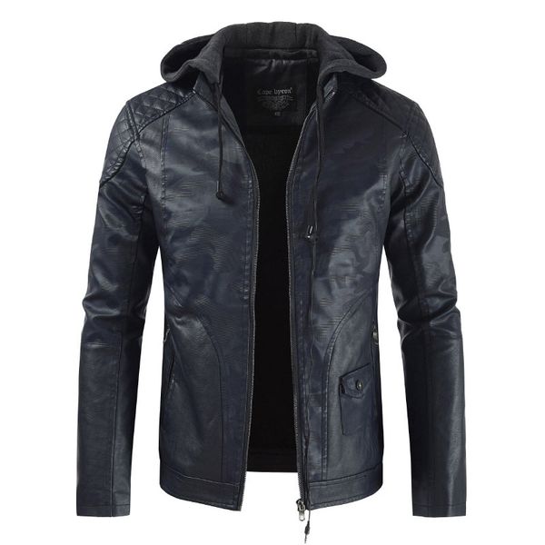 

2019 autumn and winter new style with earphones men hooded leather coat camouflage joint stand collar leather coat men's jacket, Black