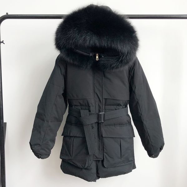 

real natural fur collar 2020 winter women slim jackets 90% white duck down jacket hooded long down parkas female thick outwear, Black