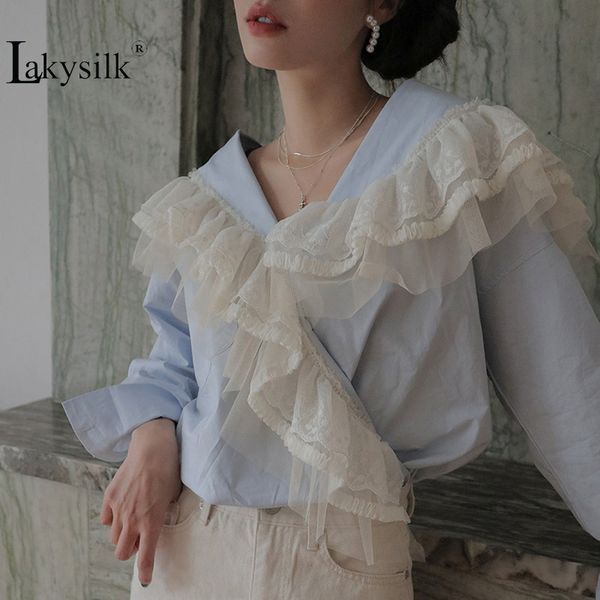 

2020 spring women lace blouses office lady ruffles vintage solid shirts cotton v-neck irregular full sleeve shirts white blue