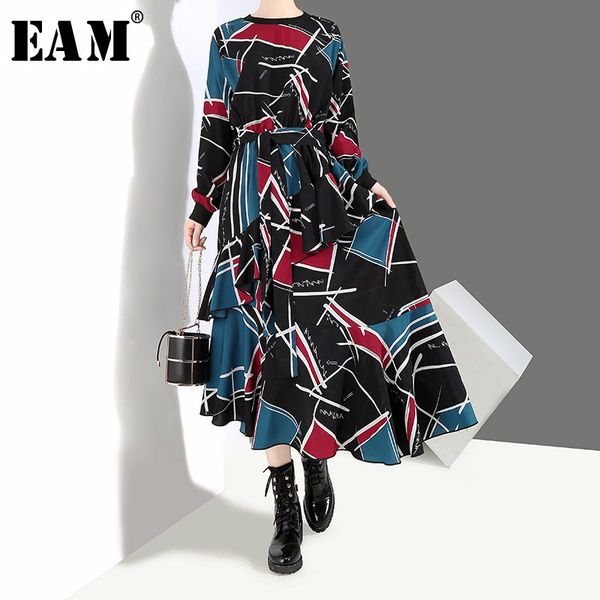 

eam] 2020 new spring summer round neck long sleeve black pattern printed loose irregular hem long dress women fashion ji043, Black;gray