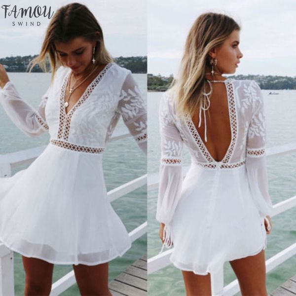 

новая мода женщины boho с длинным рукавом backless белое платье партии вечера summer casual v-образным вырезом пляж мини sundress, Black;gray