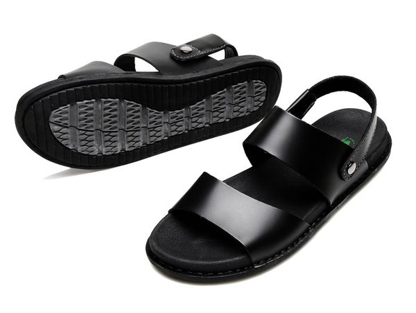 

leather sandals men's outdoor beach shoes soft bottom non-slip slippers, Black