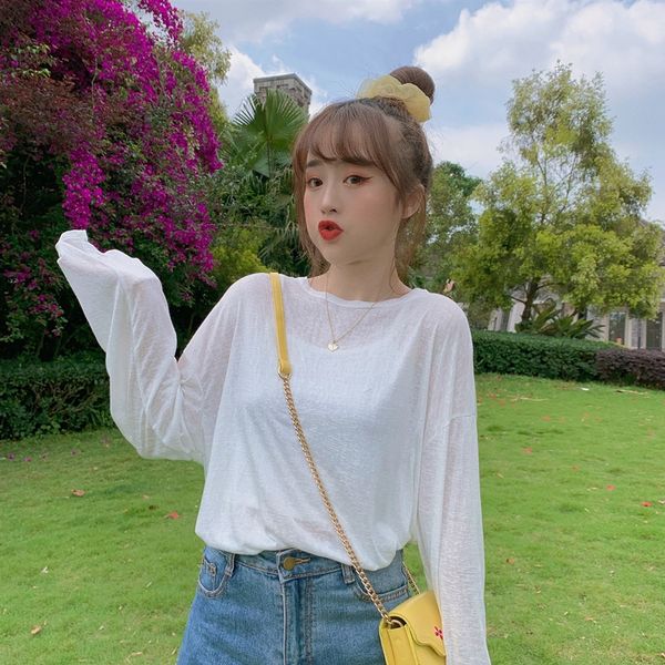 

sunscreen women's long sleeve 2020 thin t-shirt clothes candy color clothes large size t-shirt loose ins fashion, White
