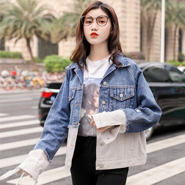 

sexemara fashion the new splice hole contrast color loose wild denim jacket ing, Black;brown