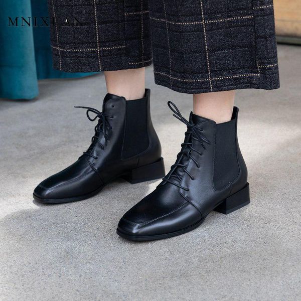 

mnixuan handmade antumn block heel ankle boots for women 2019 new leather shoes square toe lace up boots, Black